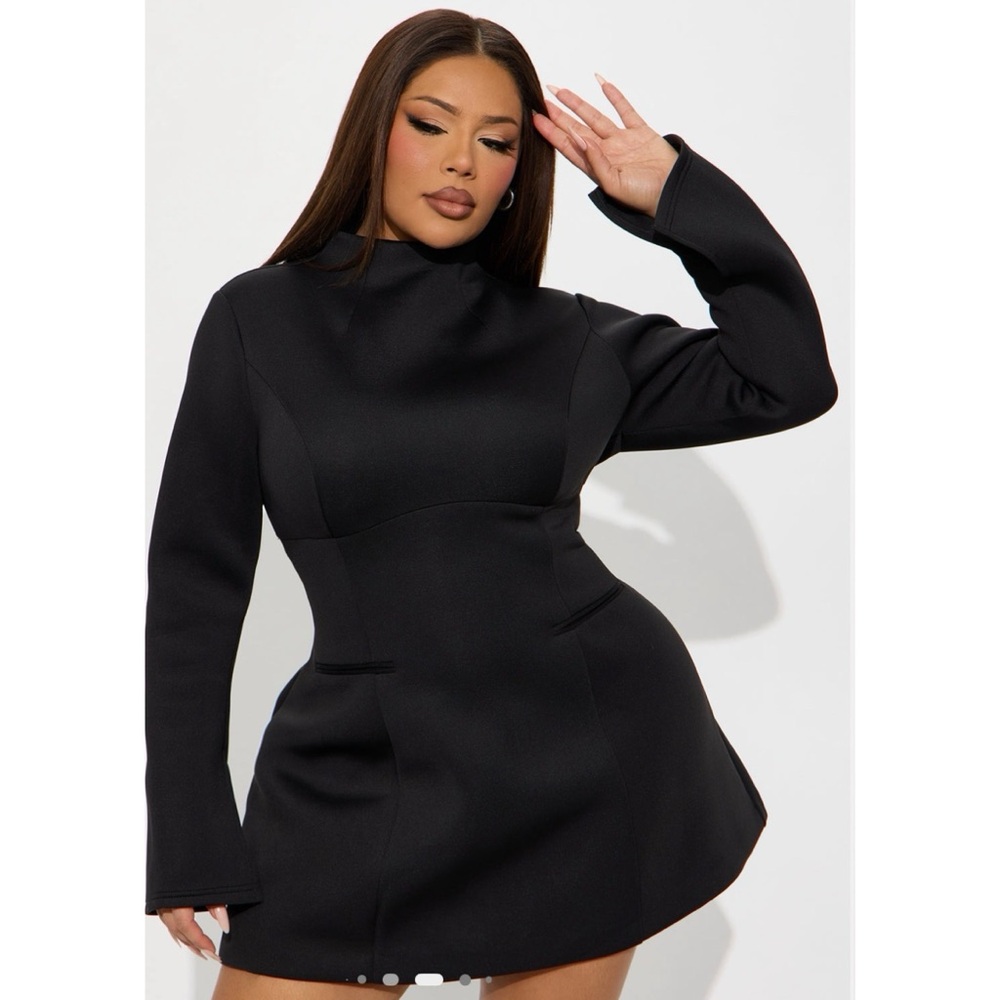 Black Long-Sleeve Mini Dress with High Neck